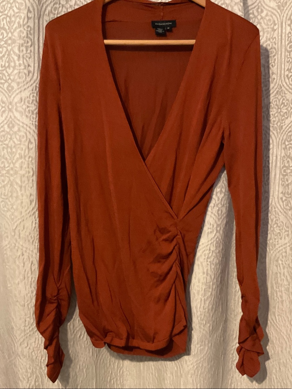 Magaschoni Rust Silk Wrap-Front Long Sleeve Top Size M